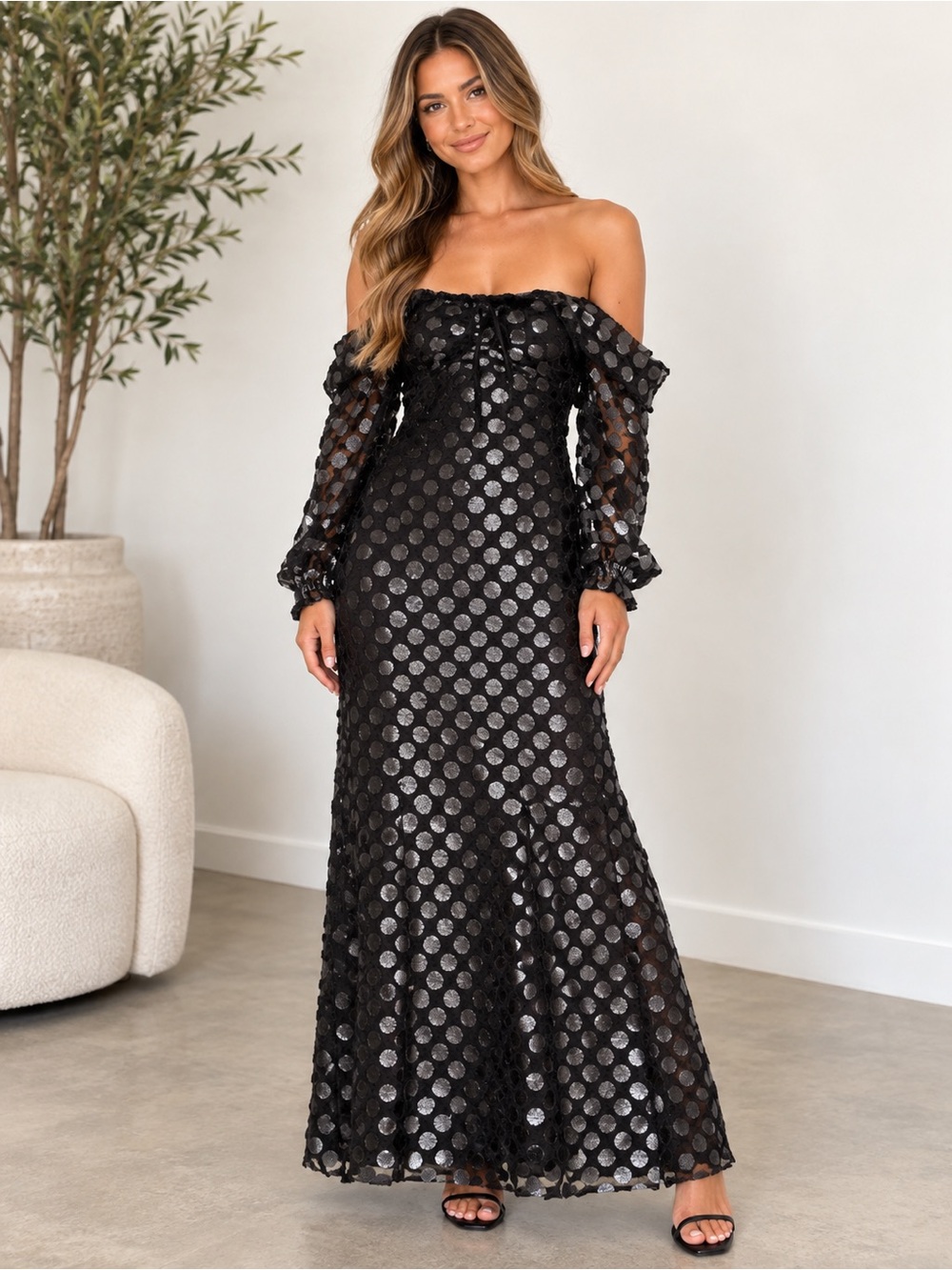 House of Harlow 1960 Rory Maxi Dress Black Metallic Dot XL Elegant Statement
